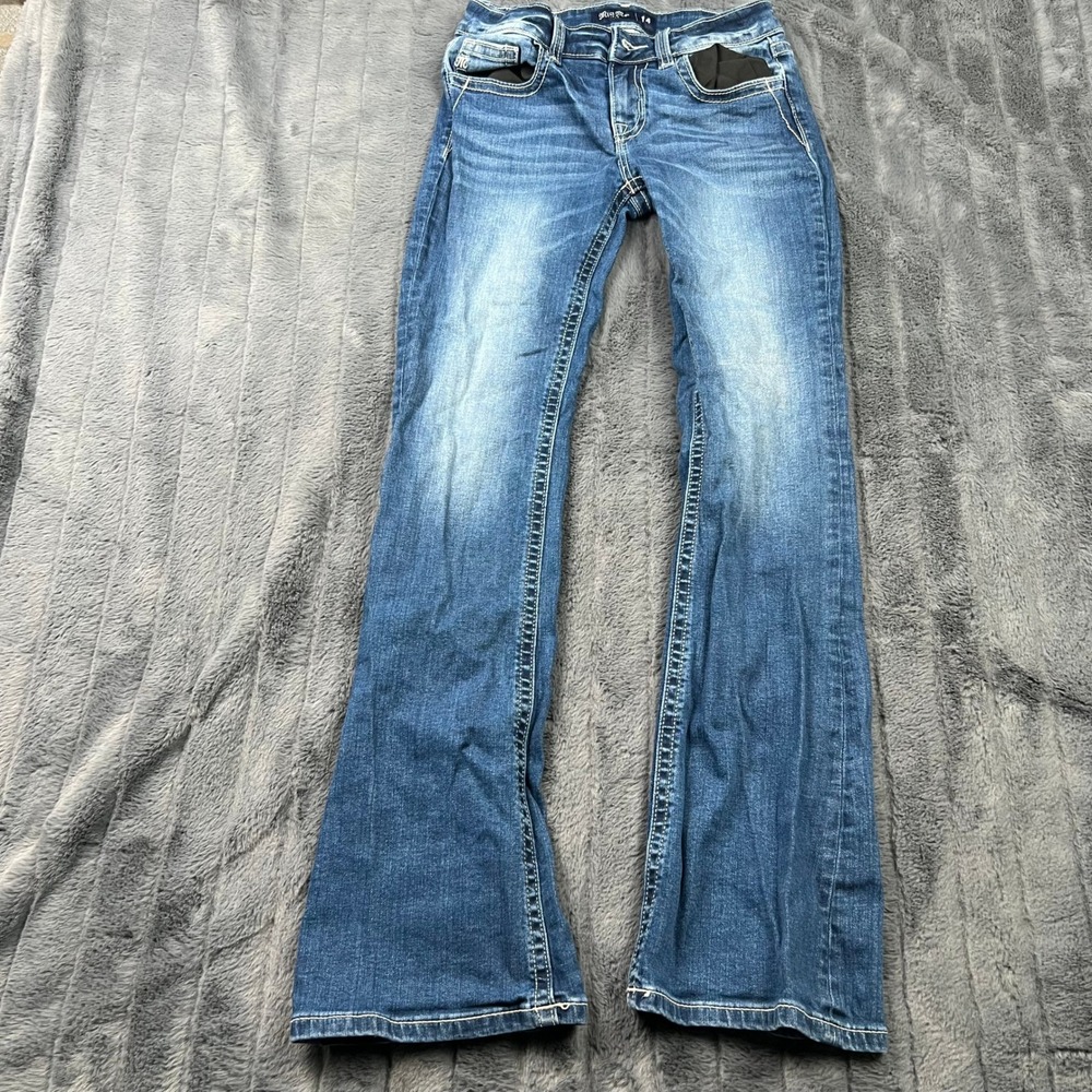 Miss Me Girls Mid-Rise Bootcut Jeans Blue Fleur De Lis Embellished Size 14